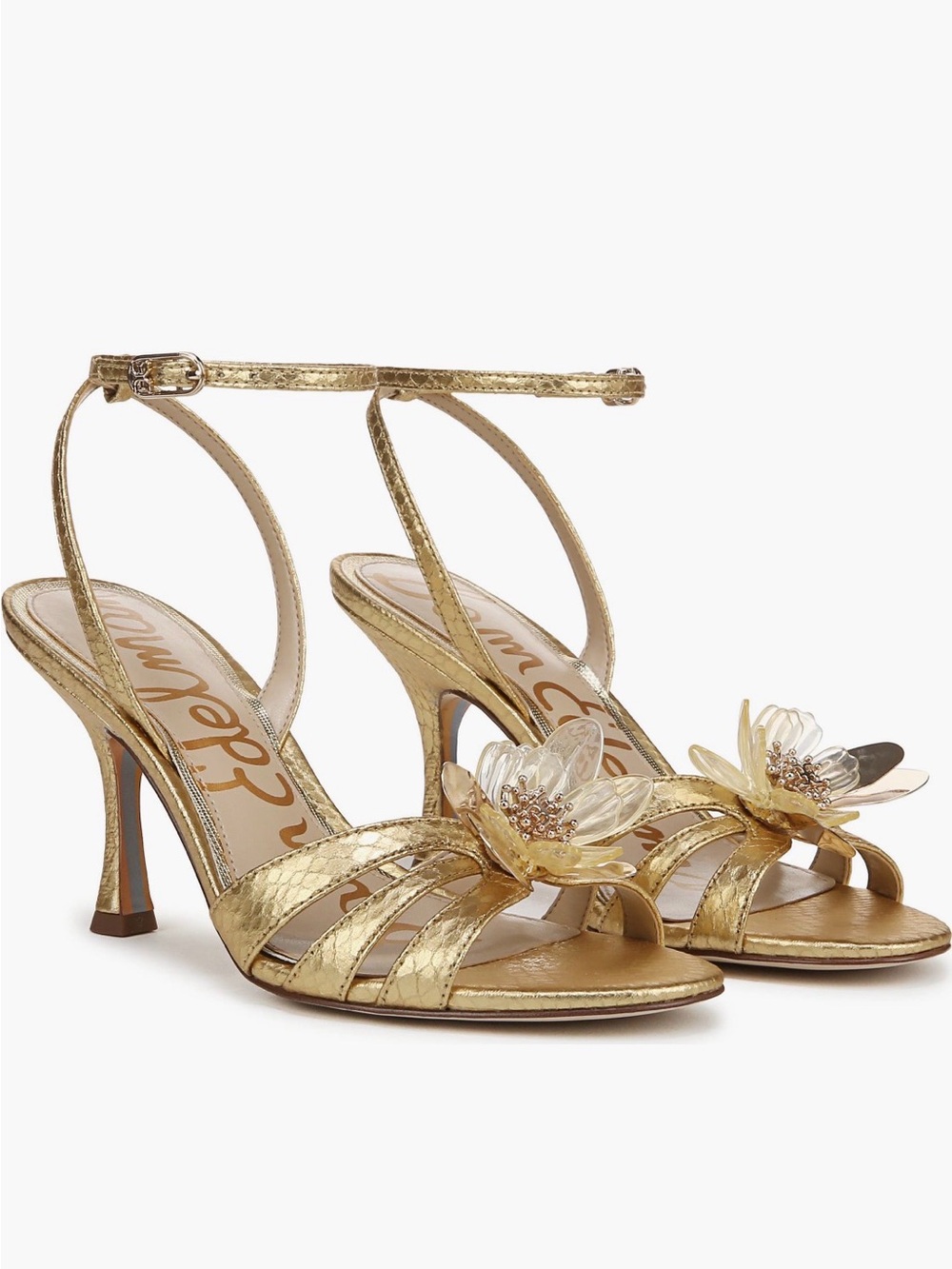 Sam Edelman Metallic Gold Floral Applique Heeled Sandals